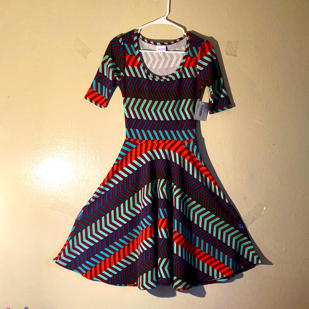 NWT LulaRoe Color Block Argyle Geometrical Pleated Swift Dress Size XS